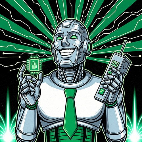 Roboter-Geschäftsmann hält Chip und Vintage-Handy