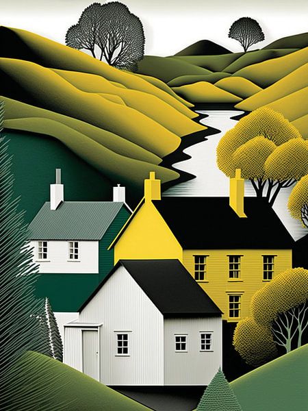 Hügellandschaft Häuser Tal Fluß stilisiert harmonisch Idylle von gm_designs