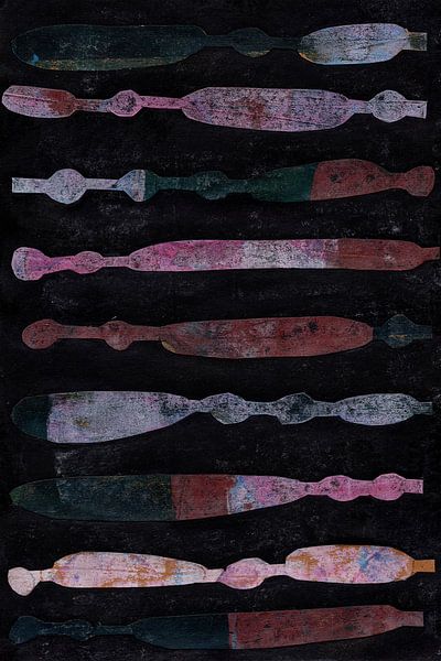 Modern abstract geometric collage in 70s retro style in pink, rust brown, green and black. by Dina Dankers