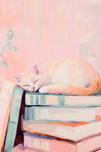 Slapende kat op boeken