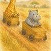 Giraf en nijlpaard houden zeepkistenrace (AI) (houten auto's, savanne, lieve Afrikaanse dieren, kinderkamer, vrolijke kinderposter ) van Natalie Bruns