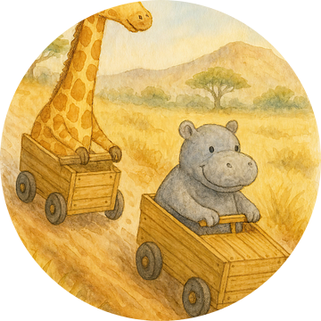 Giraf en nijlpaard houden zeepkistenrace (AI) (houten auto's, savanne, lieve Afrikaanse dieren, kinderkamer, vrolijke kinderposter )