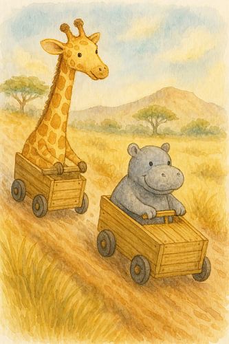Giraf en nijlpaard houden zeepkistenrace (AI) (houten auto's, savanne, lieve Afrikaanse dieren, kinderkamer, vrolijke kinderposter )