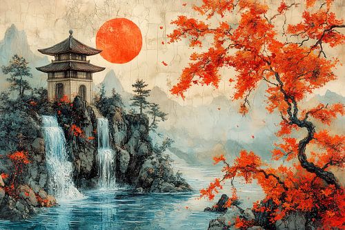 schilderachtige japanse kunst landschap met tempel huis