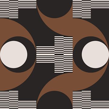Retro Cirkels, Strepen in Bruin, Wit, Zwart. Moderne abstracte geometrische kunst nr. 4 van Dina Dankers