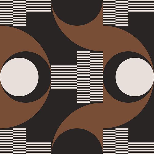 Retro Kreise, Streifen in Braun, Weiß, Schwarz. Moderne abstrakte geometrische Kunst Nr. 4 von Dina Dankers