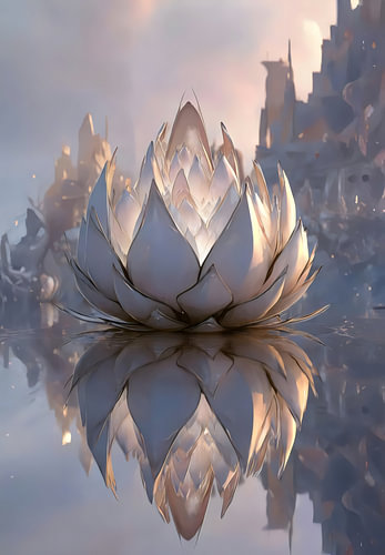 Een etherische kristallen lotus weerspiegeld in stilstaand water