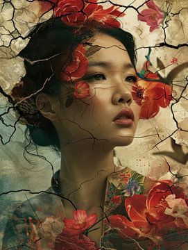 Cracked Portrait of Woman with Red Flowers van Eva Lee