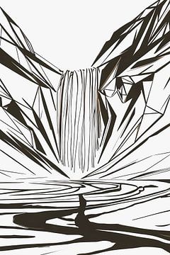 Minimalistischer abstrakter Wasserfall in Line Art von De Muurdecoratie