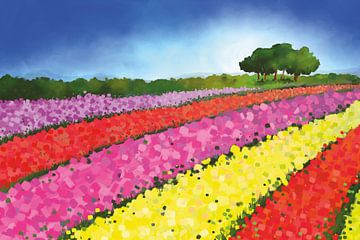 Landschapsschilderij van Nederlandse tulpenvelden met bomen van Tanja Udelhofen