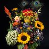Cheerful colorful bouquet of flowers with peacock feathers by Marjolijn van den Berg