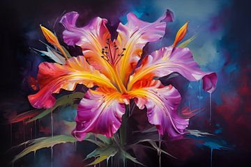 Peinture à l'huile d'une fleur colorée avec des coups de pinceau dynamiques, design artistique sur Animaflora PicsStock