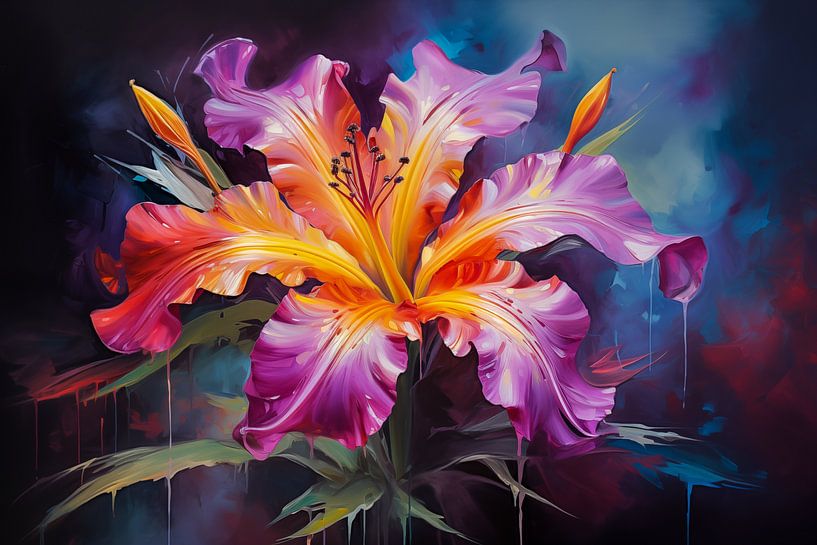 Olieverfschilderij van een kleurrijke bloem met dynamische penseelstreken, kunstontwerp van Animaflora PicsStock