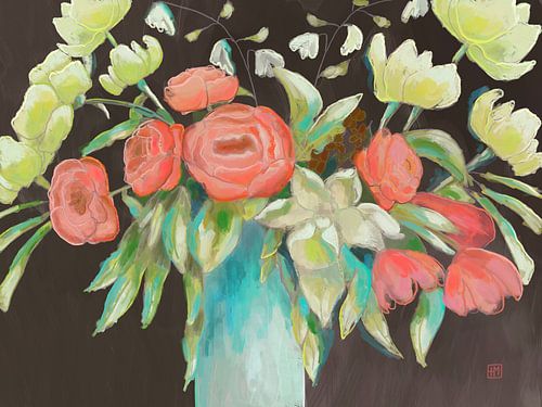 Lente-tuin, een schilderij met bloemen in pastel kleuren met rose en groene tinten.
