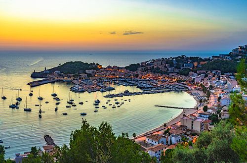 Spain Mediterranean Sea, idyllic sunset at Port de Soller on Majorca, Balearic Islands