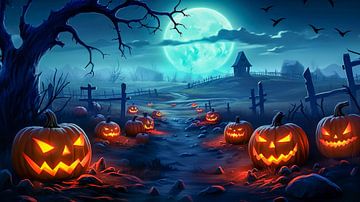 Pumpkins on a farm against a spooky Halloween night background by Animaflora PicsStock