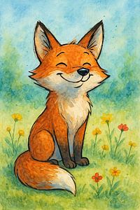 Le renard heureux (AI) (peinture aquarelle animalière riante dans une chambre de bébé, style bande dessinée douce et mignonne)
