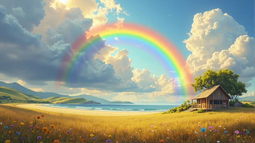Regenbogen leuchtet über idyllischer Strandlandschaft mit Holzhütte von Markus Gann