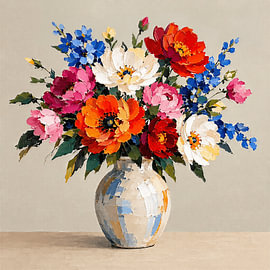 Stillleben mit einem farbenfrohen Feldblumenstrauß mit Impasto-Textur von STUDIO ARTSY