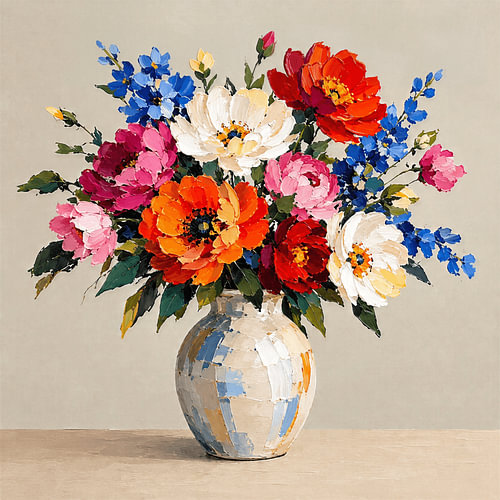 Stilleven van kleurrijk veldboeket met impasto textuur