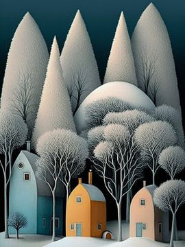 Stadsgezicht winter huizen bomen papier surrealistisch van gm_designs