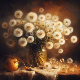 Still life, bouquet of dandelions in style of the old masters by Jessica Berendsen