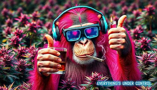 Aap - chimpansee in het cannabisveld en de slogan 