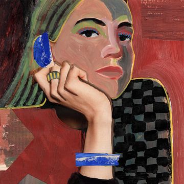 Mixed media portret - vrouw - rood van Studio Gjil