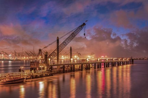 Quay with crane and container terminal during sunset, Antwerp