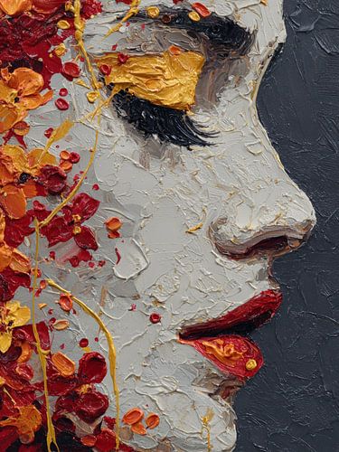 Moderne Vrouw met Bloemen en Goud – Abstract Schilderij