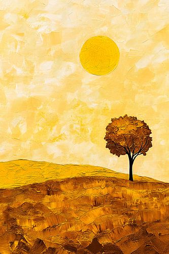 Zonovergoten boom en landschap