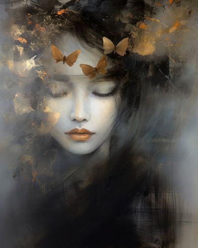 Portret met een zachte uitstraling in zwart en goud