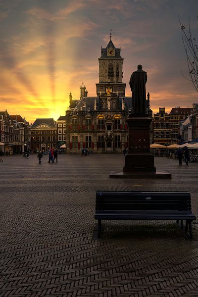 Sunset on the central square and the city hall of Delft by Digikhmer