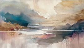 Abstract Fjords Landscape in Soft Earth Tones and Blue by Studio Pieternel