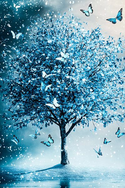 Blauer Baum mit Schmetterlingen von Art & Soul Creations