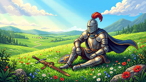 Ein Pixel-Art-Ritter ruht sich auf einer bunten Wiese aus