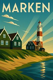 Marken Poster - Vintage Nederlandse Vuurtoren Muurkunst van Travel Shop