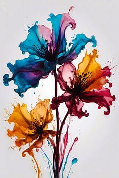 Explosion de fleurs liquides abstraites et colorées sur De Muurdecoratie