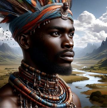 Afrikaanse man in landschap 4 van Yvonne van Huizen