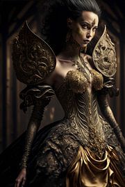 Mode, Avant Garde, Sorcière en robe de mariée dorée