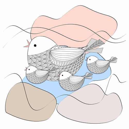 Oiseaux graphiques et formes pastel