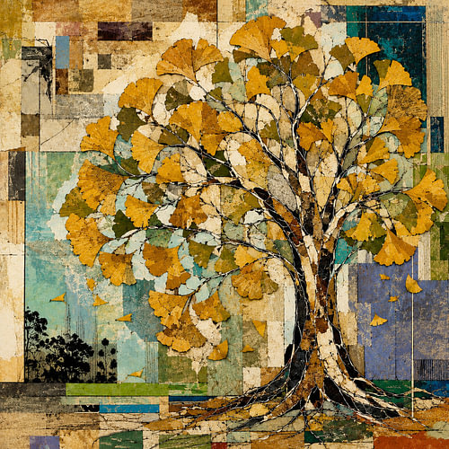 Arbre ancestral au ginkgo doré sur fond turquoise sur Lois Diallo