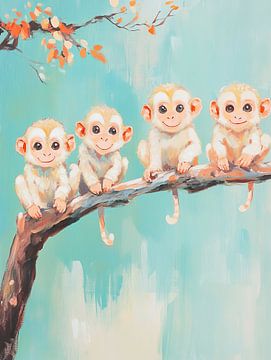 Monkey's on branch | Gruppe von niedlichen Affen auf einem Zweig
