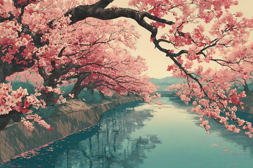 peinture acgtig Japon rivière mer sakura Kyoto par Egon Zitter