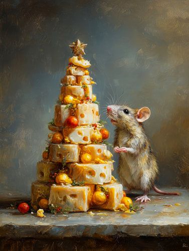 Verspielte Maus am Weihnachtsbaum aus Käse und Tomaten