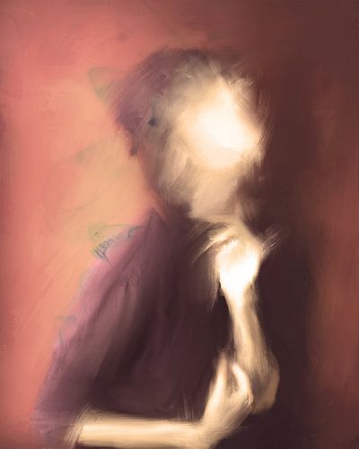 Abstract portret in aardse, warme teinten als aubergine en terracotta