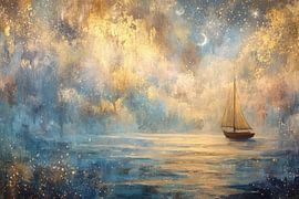 Boat under starry sky by Moonlight - Dreamy Painting by Peter Pen Drawings and Paintings