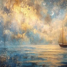 Boot onder sterrenhemel bij Maanlicht – Dromerig Schilderij van Peter Pen tekeningen en schilderijen