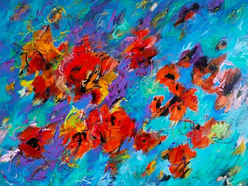 Modern, Abstract Digitaal Kunstwerk in Blauw Oranje Rood