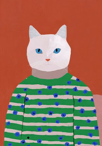 Weißer Kater in gestreiftem Pullover
